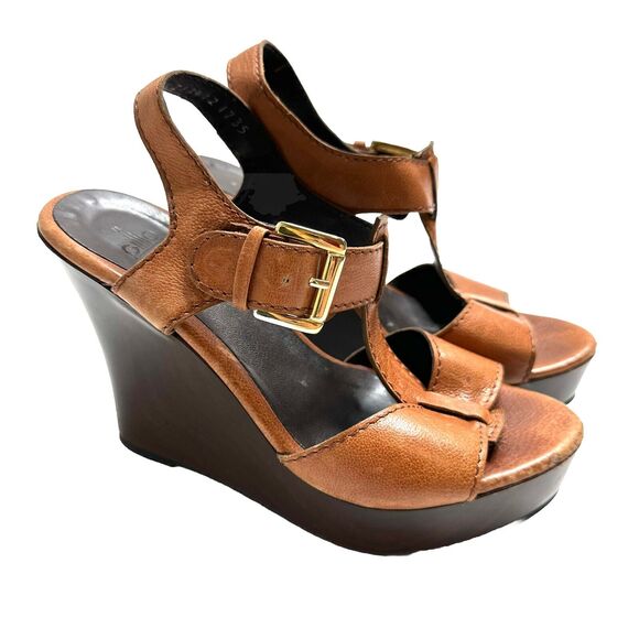 Gillio Shoes Platform Wedge Sandals Womens Size 6.5 Tan Leather Made In Mexico - Picture 1 of 14